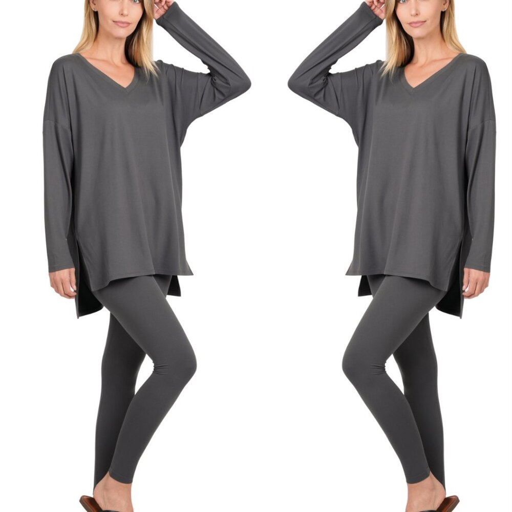 V‑Neck Long‑Sleeve Loungewear Leggings Set – Buttery Soft Brushed DTY Microfiber
